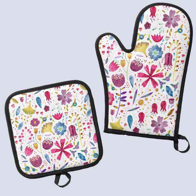 Wildblume Botanisches Muster Ofenhandschuh & Topflappen-Set (Wildflower watercolor pattern kitchen oven mitt and pot holder)