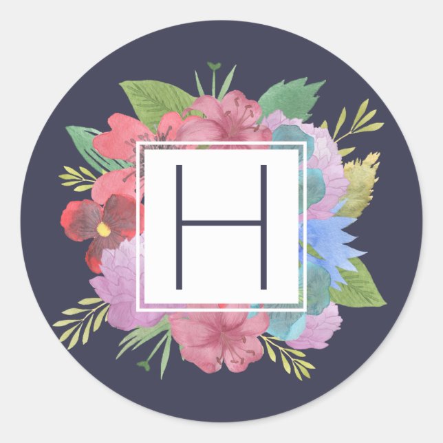 Wildblume Bouquet Navy Monogram Runder Aufkleber (Vorderseite)