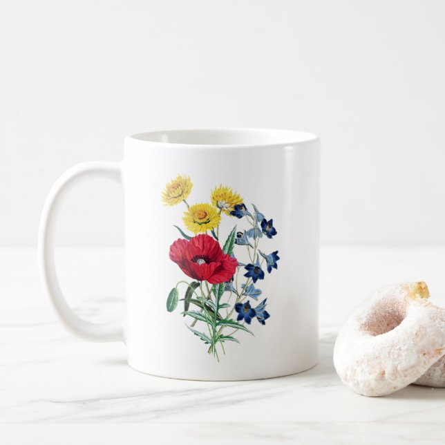 Wildblume Bouquet, Poppies Botanische Illustration Kaffeetasse (Mit Donut)