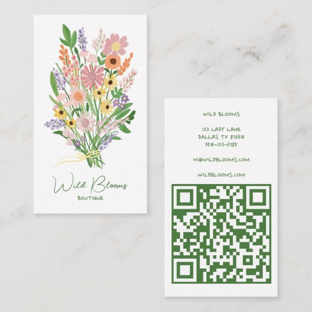 Wildblume Bouquet Rustic Handmade Floral QR Code Visitenkarte (Vorne/Hinten)