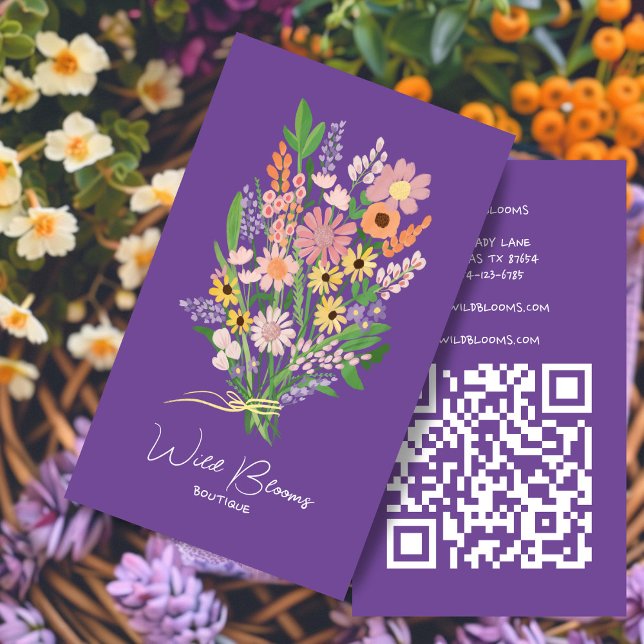 Wildblume Bouquet Rustic Handmade Floral QR Code Visitenkarte (Wildflower Bouquet Rustic Handmade Floral QR Code Business Card
)