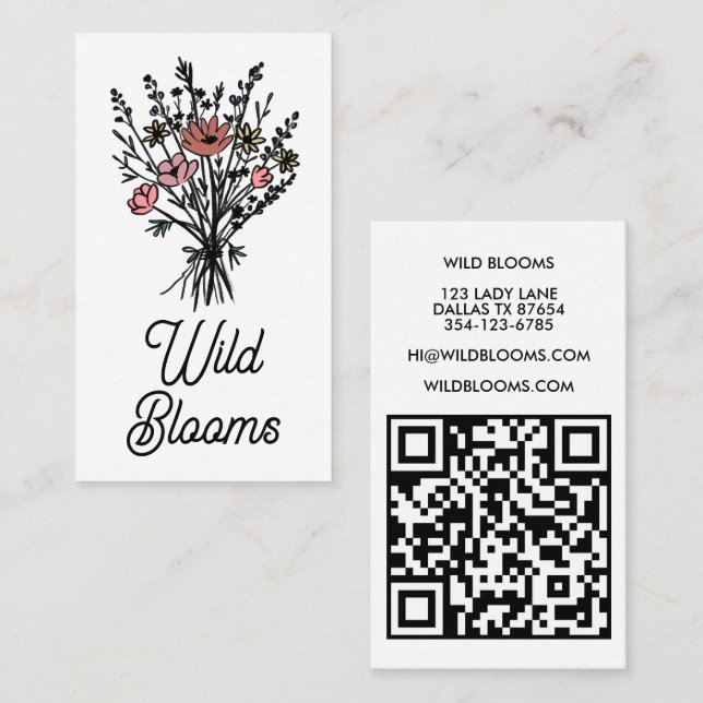 Wildblume Bouquet Rustic Minimal Floral QR Code Visitenkarte (Vorne/Hinten)