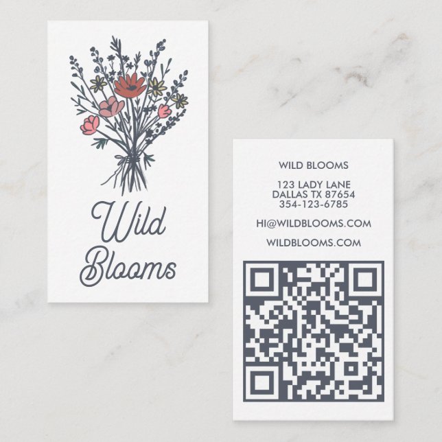 Wildblume Bouquet Rustic Minimal Floral QR Code Visitenkarte (Vorne/Hinten)