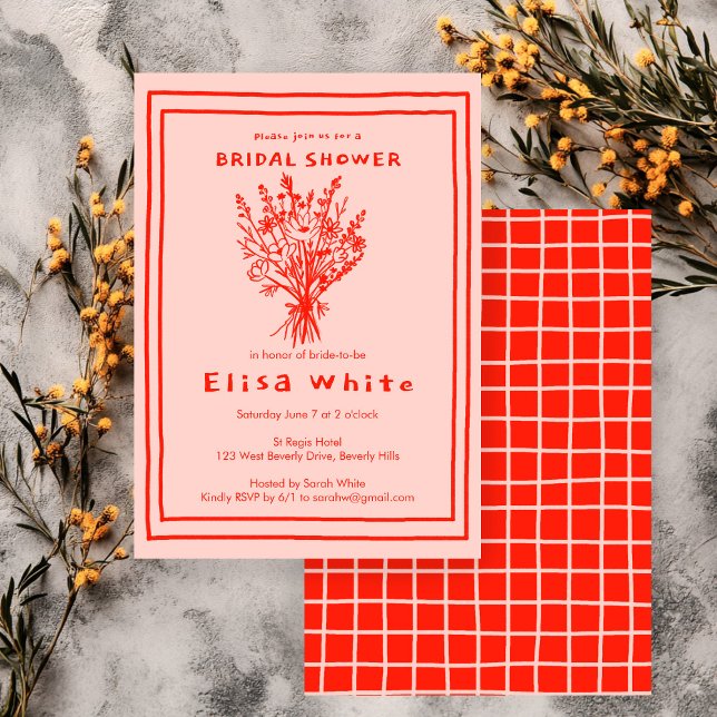 Wildblume Bouquet Rustic Whimsical Brautparty Einladung (Wildflower Bouquet Rustic Whimsical Hand Drawn Grid Bridal Shower Invitation
)