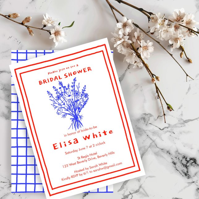 Wildblume Bouquet Rustic Whimsical Brautparty Einladung (Wildflower Bouquet Rustic Whimsical Bridal Shower Invitation red Blue Chic)