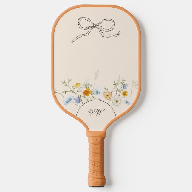 Wildblume Bow Floral Beige Initialen Monogramm Pickleball Schläger (Vorderseite)