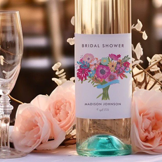Wildblume Brautparty Party Weinetikett (Bright Wildflower Bridal Shower Party Wine Label)