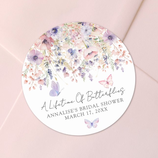 Wildblume-Brautparty Runder Aufkleber (Butterfly Wildflower Bridal Shower Classic Round Sticker)