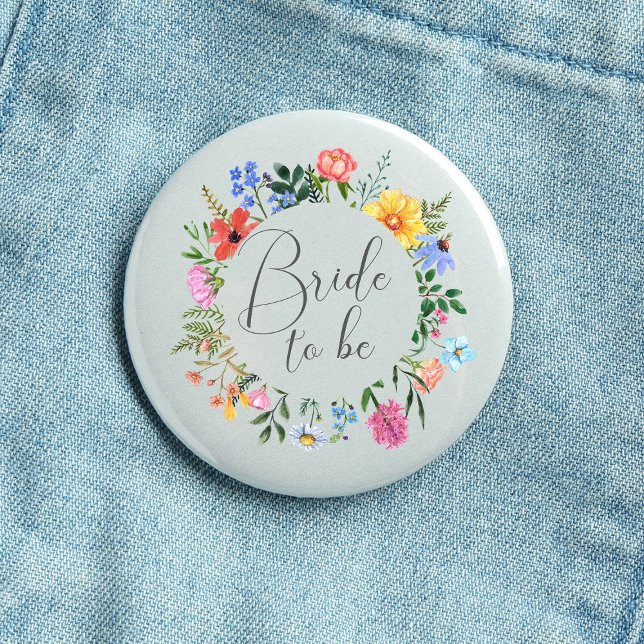 Wildblume Brito Be Script Wedding Button (Bride to be Wildflower Watercolor Floral Wreath Wedding Button)