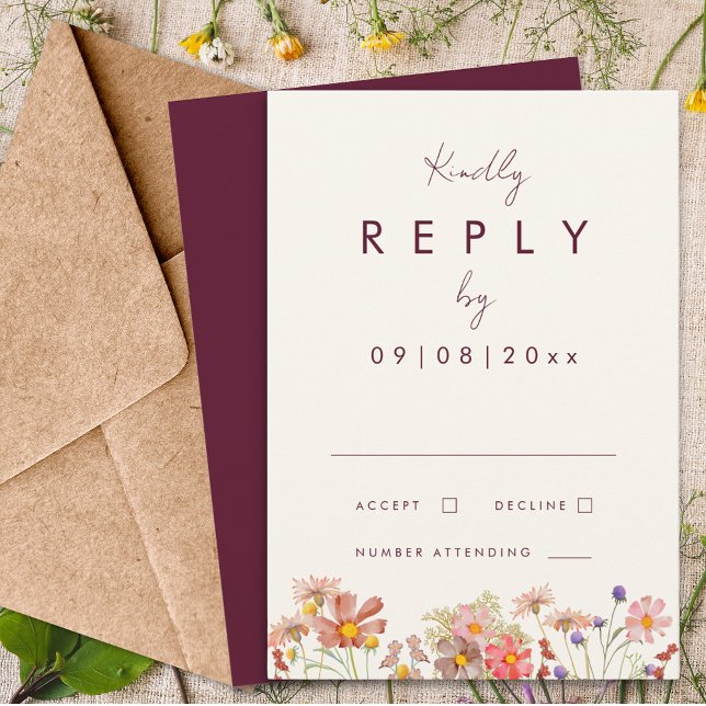 Wildblume Burgund Terracotta Hochzeit im Herbst An RSVP Karte (Wildflower boho burgundy terracotta fall wedding invitation reply enclosure card whimsical script)