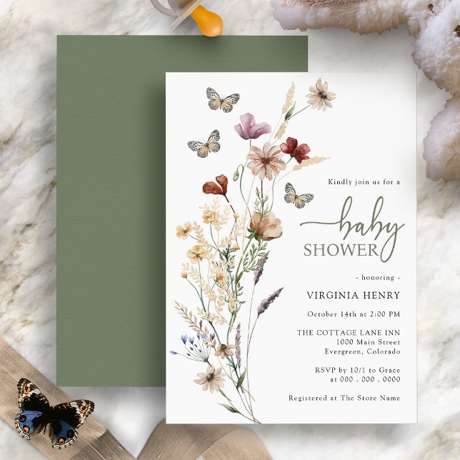 Wildblume Butterfly Babydusche Einladung (Boho Wildflower Butterfly Sage Green Baby Shower Invitation )