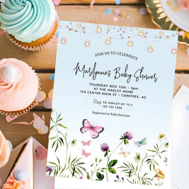 Wildblume Butterfly Blue Script Baby Dusche Einladung (Von Creator hochgeladen)
