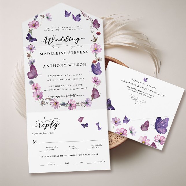 Wildblume Butterfly Romantic Garden Party Hochzeit All In One Einladung (whimsical wildflowers butterflies garden party seal and send tri fold wedding invitation watercolor )