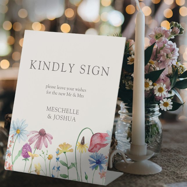 Wildblume Country Floral Wedding Guestbook Sockelschild (Wedding Sign requesting guests to sign your guest book with border of watercolor wildflowers)