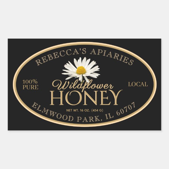 Wildblume Daisy Black Label Gold Border Rechteckiger Aufkleber (Vorderseite)