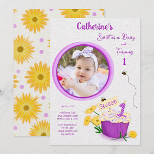 Wildblume Daisy Girl Yellow Lila erster Geburtstag Einladung