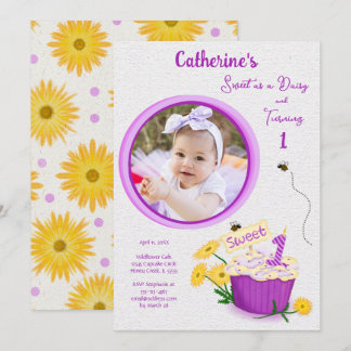 Wildblume Daisy Girl Yellow Lila erster Geburtstag Einladung