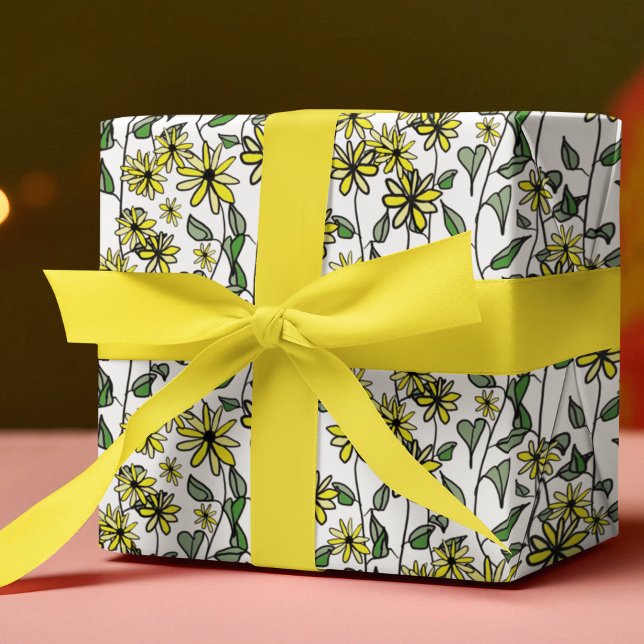 Wildblume Daisy Muster Niedlich Boho HandGezeichne Geschenkpapier (Immerse yourself in the tranquility of the Yellow Wildflowers Collection -- hand-drawn and unique.)
