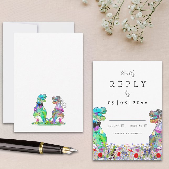 Wildblume Dinosaur Wedding Reply RSVP Karte (Wildflower dinosaur bride and groom wedding rsvp enclosure card)
