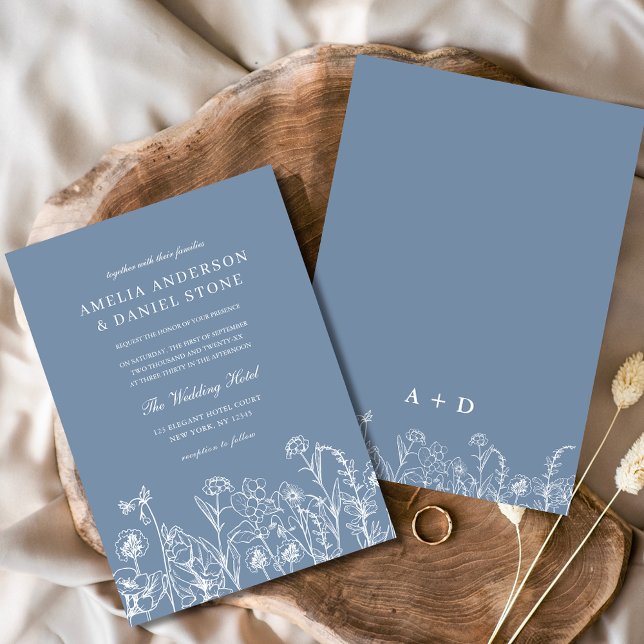 Wildblume Dusty Blue Botanical Monogram Wedding Einladung (Von Creator hochgeladen)