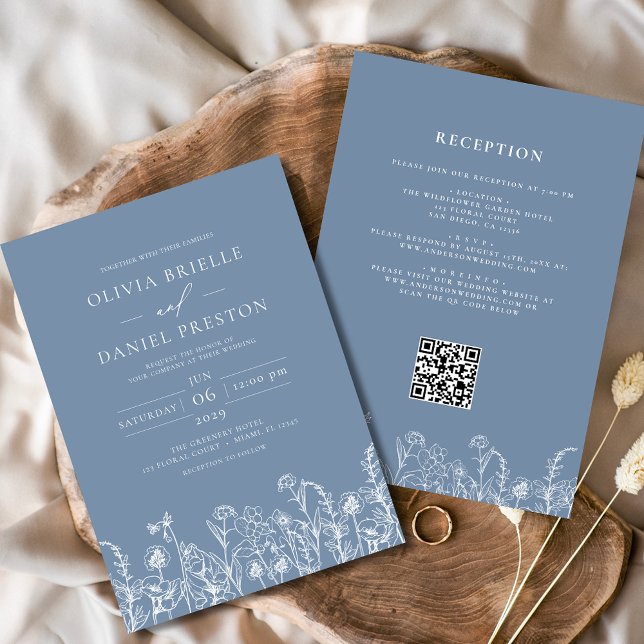 Wildblume Dusty Blue Botanical QR Code Hochzeit Einladung (Von Creator hochgeladen)