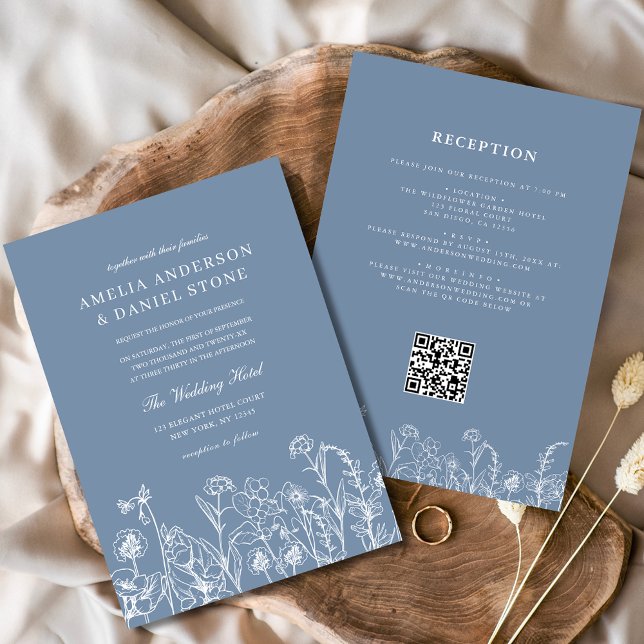 Wildblume Dusty Blue Botanical QR Code Hochzeit Einladung (Von Creator hochgeladen)