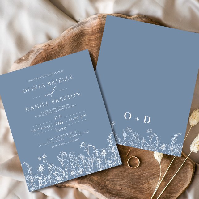 Wildblume Dusty Blue Monogram Wedding Einladung (Von Creator hochgeladen)