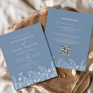 Wildblume Dusty Blue QR Code Hochzeit Einladung