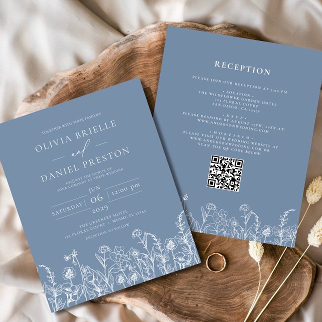 Wildblume Dusty Blue QR Code Hochzeit Einladung (Von Creator hochgeladen)