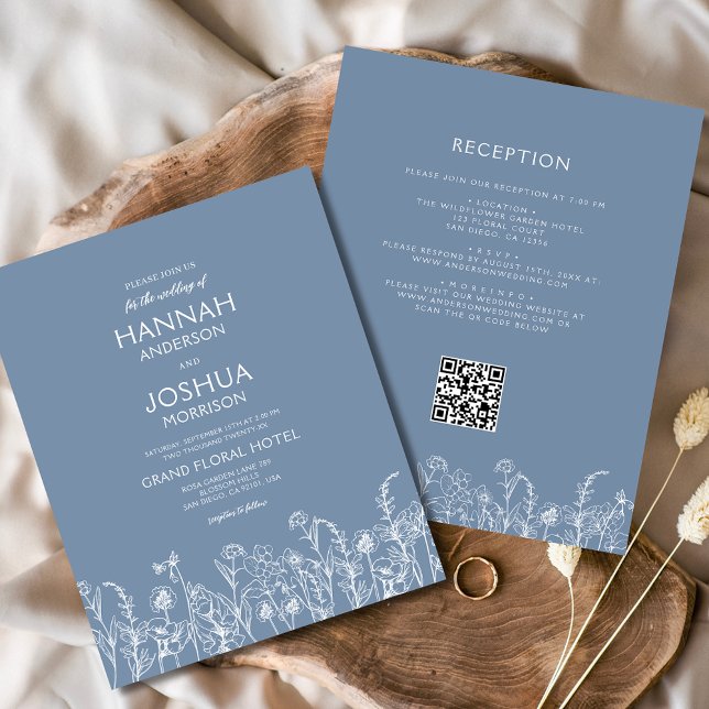 Wildblume Dusty Blue QR Code Hochzeit Einladung Flyer (Von Creator hochgeladen)