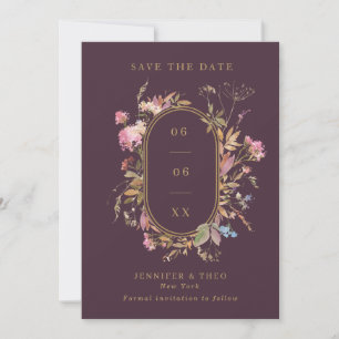 Wildblume Eggplant & Gold Rahmen Hochzeitszettel F Save The Date