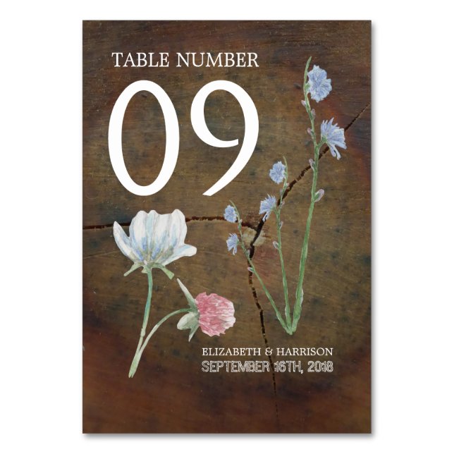Wildblume Eichenholz Hochzeitstisch Nr. Tischnummer (Vorderseite)