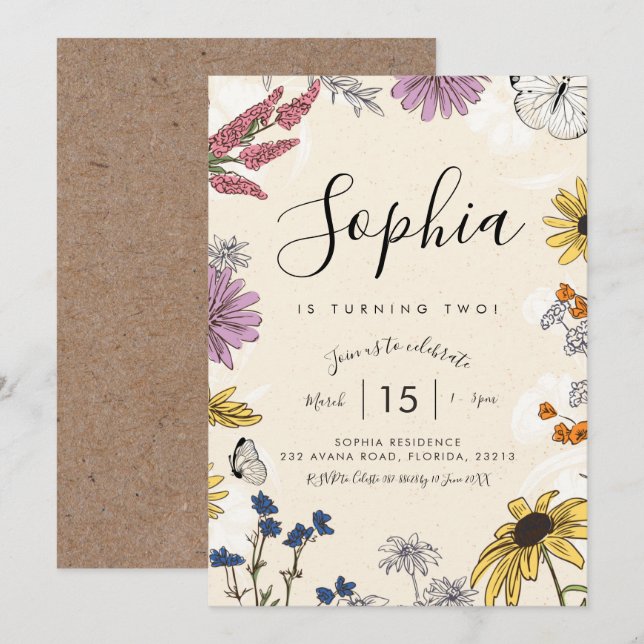 Wildblume Einladung zum Geburtstag (Vorne/Hinten)