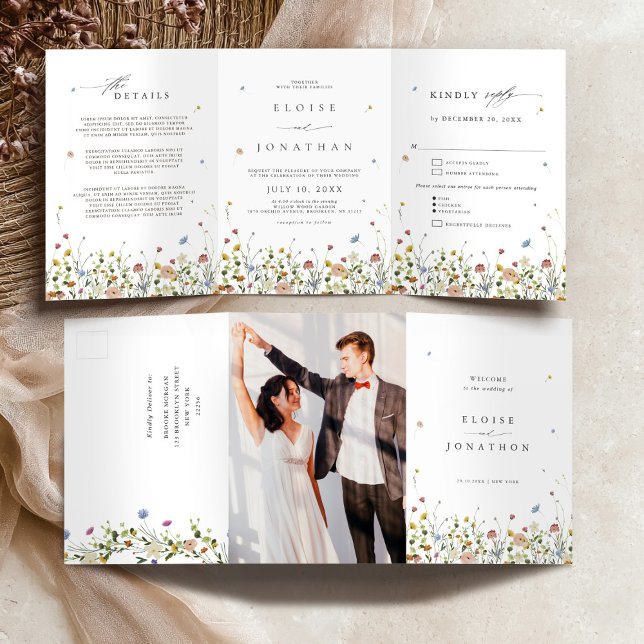 Wildblume Einladungen für Dreifaltigkeit (Spring Wildflower garden All in one tri fold Wedding Invitation)