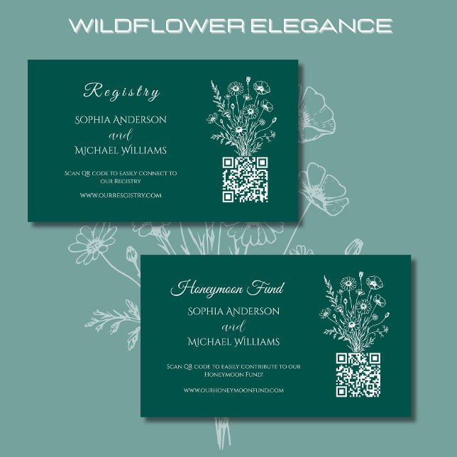 Wildblume Elegance-Registry-Honeymoon Visitenkarte (Wildflower Elegance Wedding Registry and Honeymoon Fund Emerald Green, Rustic, Country Bohemian)