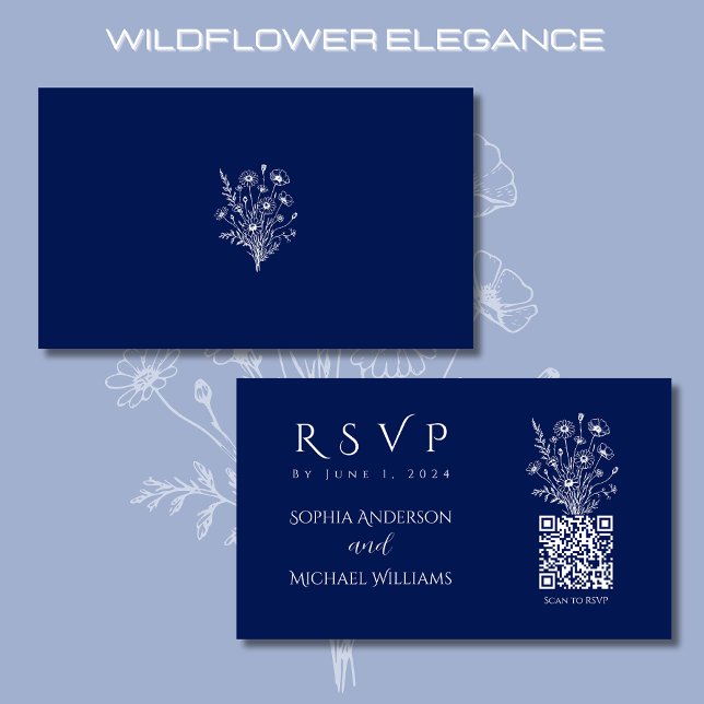 Wildblume Elegance-UAWG-QR-Code- Visitenkarte (Wildflower Elegance Wedding RSVP Card with QR code-Rustic-Bohemian-Blue)