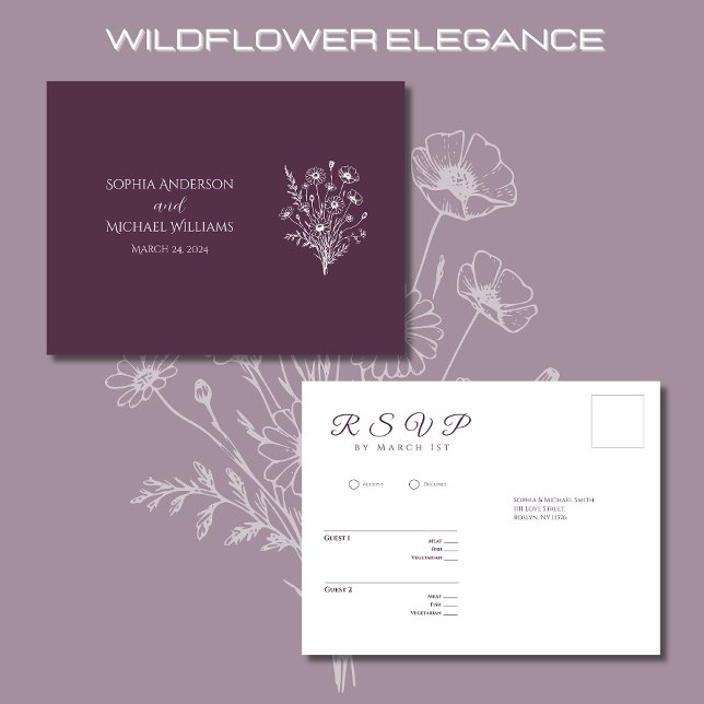 Wildblume Elegance-UAWG-Wedding-Postkarte Postkarte (Wildflower Elegance Wedding RSVP Postcard-Purple-Rustic, Country-Bohemian)