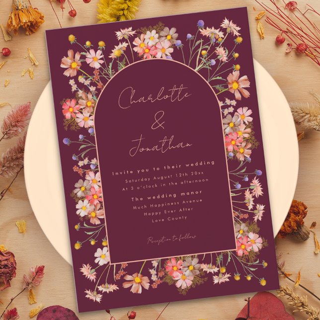 Wildblume Elegante Arch Burgund Hochzeit im Herbst Einladung (Boho chic wildflower arch burgundy terracotta fall wedding invitation )