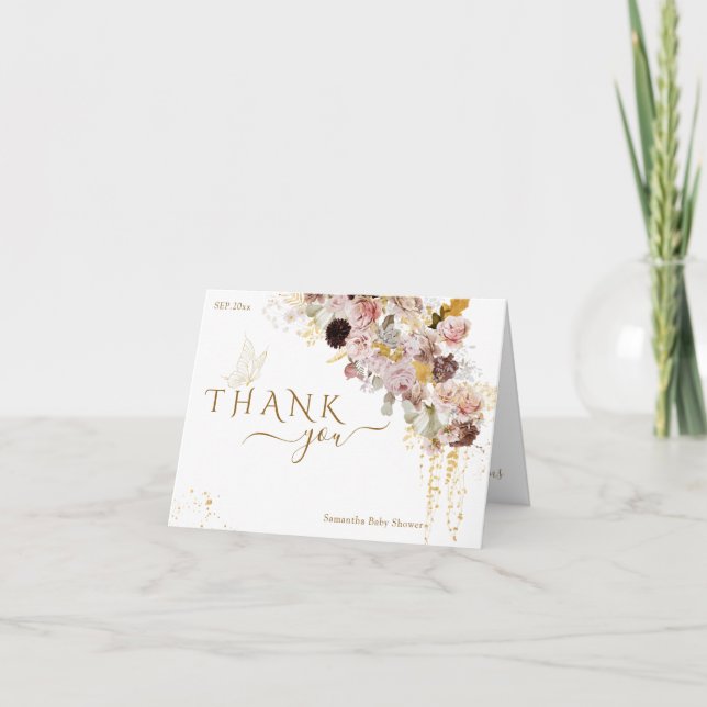 Wildblume Fall Elegante Gold Baby Girl Dusche Dankeskarte (Vorderseite)
