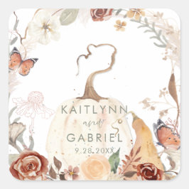 Wildblume Fall Pumpkin Wreath Wasserfarbe Hochzeit Quadratischer Aufkleber