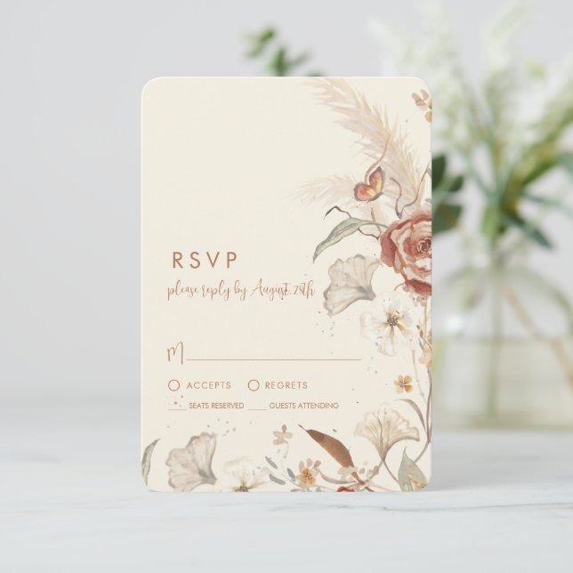 Wildblume Floral BOHO Creme RSVP Karte (Stehend Vorderseite)
