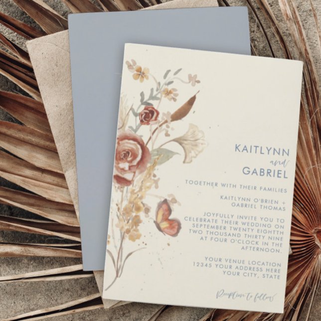 Wildblume Floral Dusty Blue Watercolor Wedding Einladung (Von Creator hochgeladen)