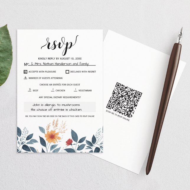 Wildblume Floral Moderner QR-Code RSVP Karte (Simplify wedding RSVPs with our QR code feature, ensuring easy and hassle-free responses.)