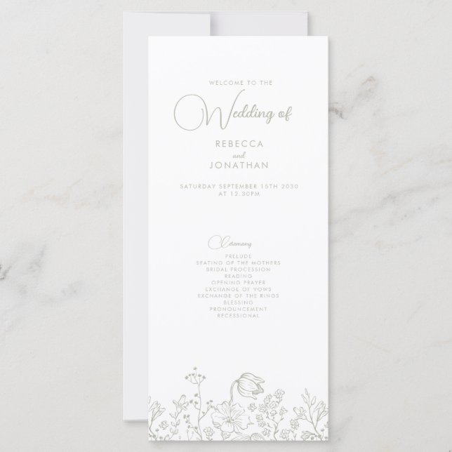 Wildblume Floral Sage Green Wedding Programm (Vorderseite)