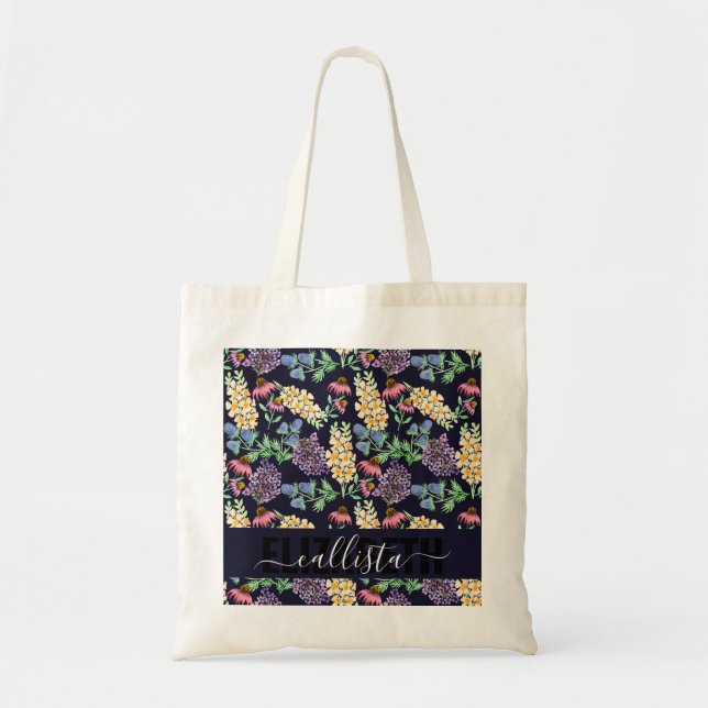 Wildblume Floral Watercolor Monogramm Tragetasche (Vorne)