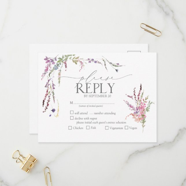 Wildblume Floral Watercolor Wedding RSVP Einladungspostkarte (Vorderseite/Rückseite Beispiel)