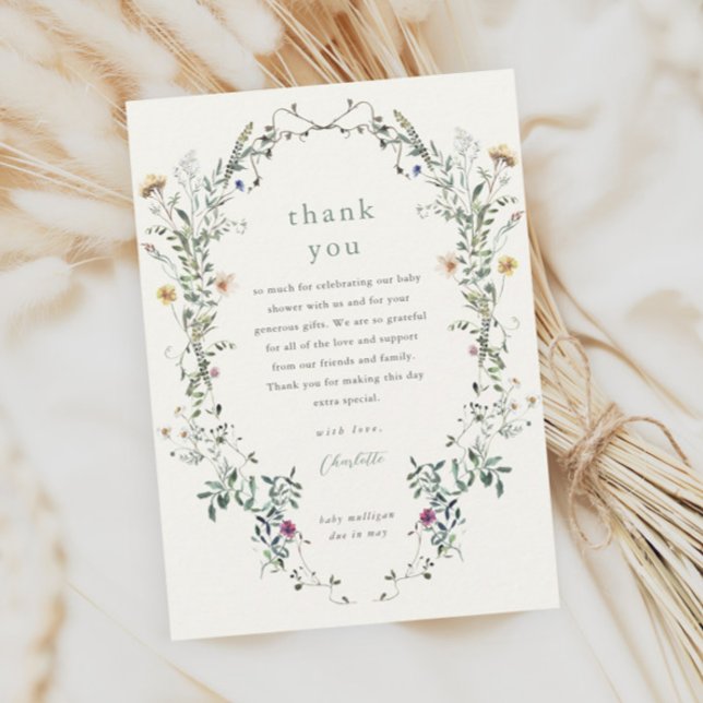 Wildblume Floral Wreath Spring Baby Dusche Dankeskarte (Elegant floral wreath wildflower baby shower thank you cards.)