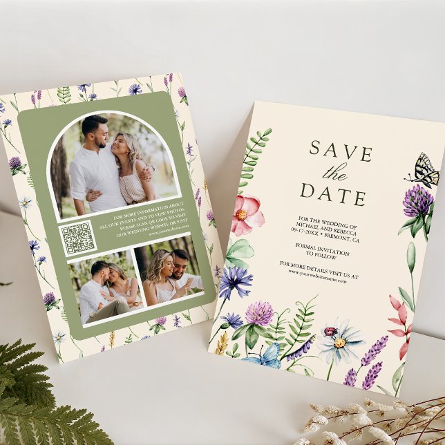 Wildblume Foto QR Code Cream Wedding Save The Date (Von Creator hochgeladen)