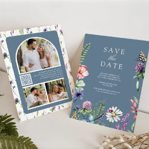 Wildblume Foto QR Code Dusty Blue Wedding Save The Date