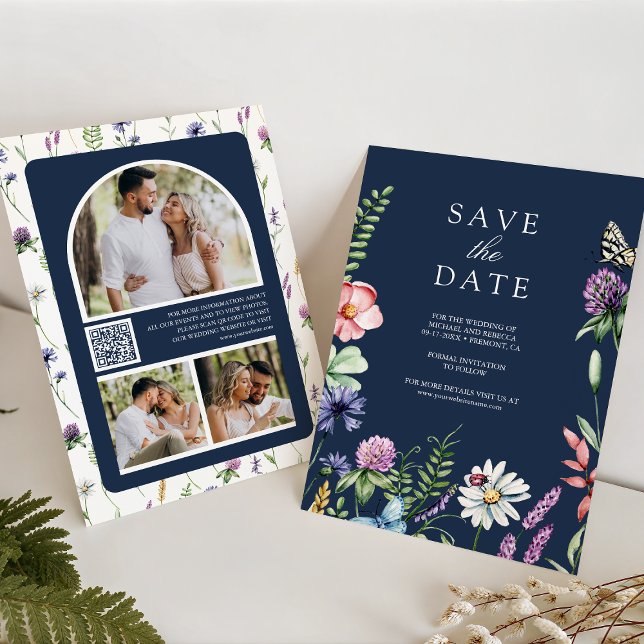 Wildblume Foto QR Code Navy Blue Wedding Save The Date (Von Creator hochgeladen)